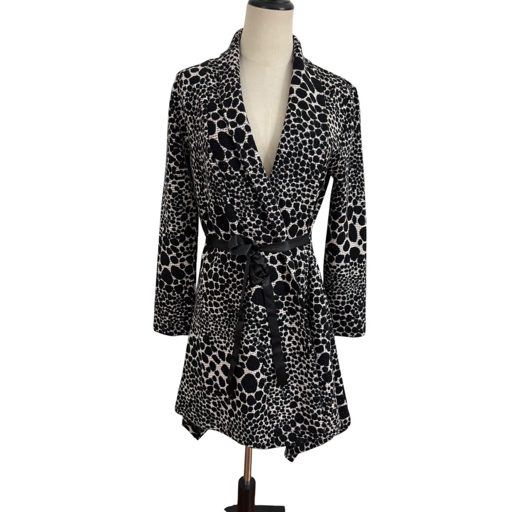 Vtg 90s Anes A Black White Animal Print Sweater Jacket Belted Sz S Metallic Y2K‎